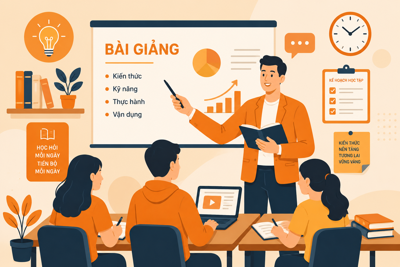Giáo viên giảng dạy trong lớp học với bài giảng trực quan